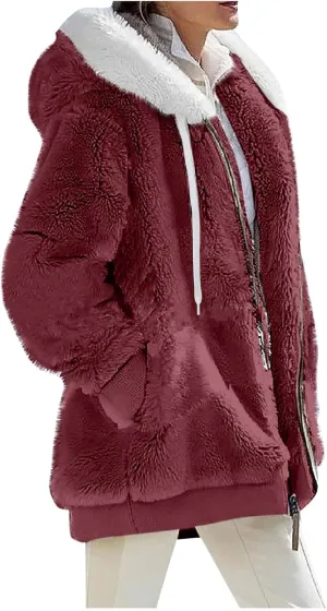 Womens Oversized Zip Up Coat Fuzzy Fleece Sherpa Jacket with Pockets Hoodie Outerwear Fall and Winter