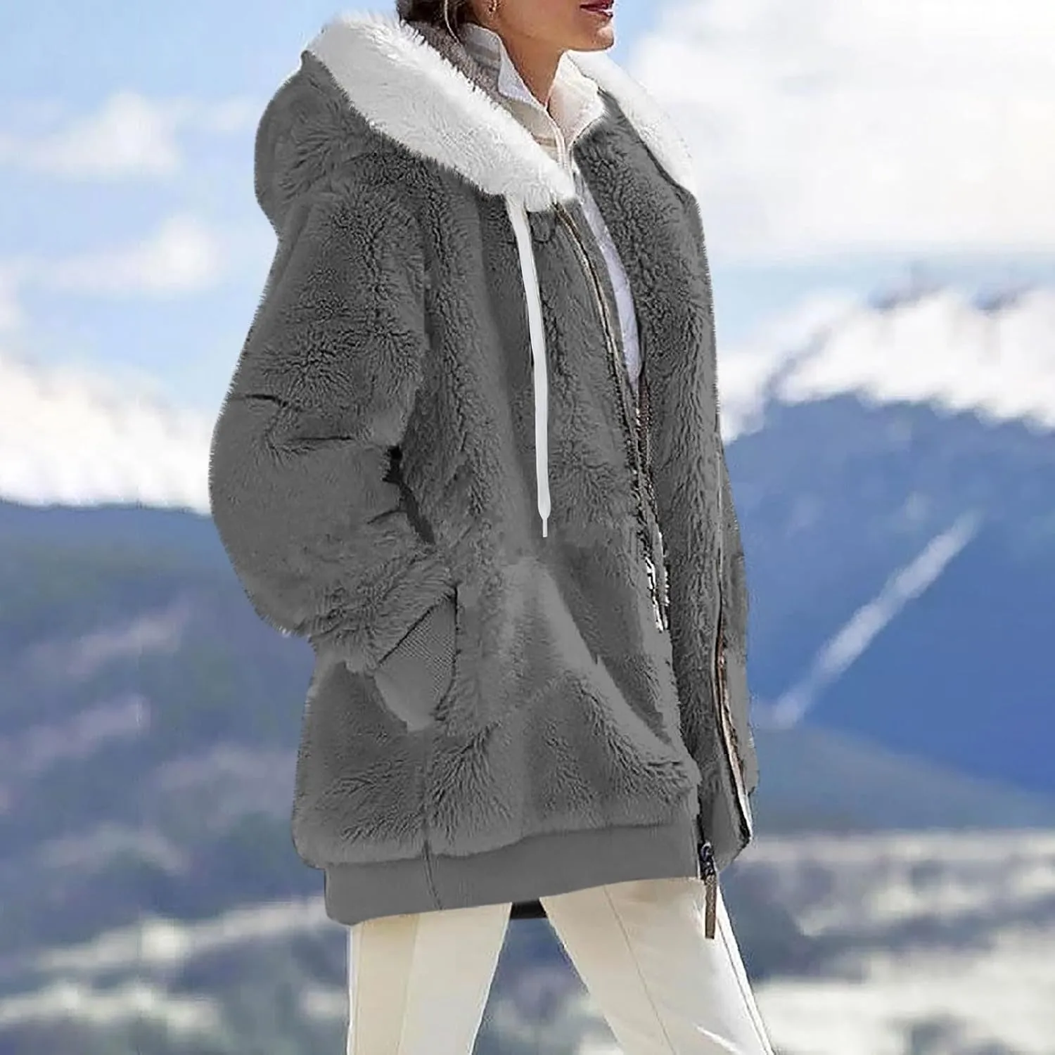 Womens Oversized Zip Up Coat Fuzzy Fleece Sherpa Jacket with Pockets Hoodie Outerwear Fall and Winter