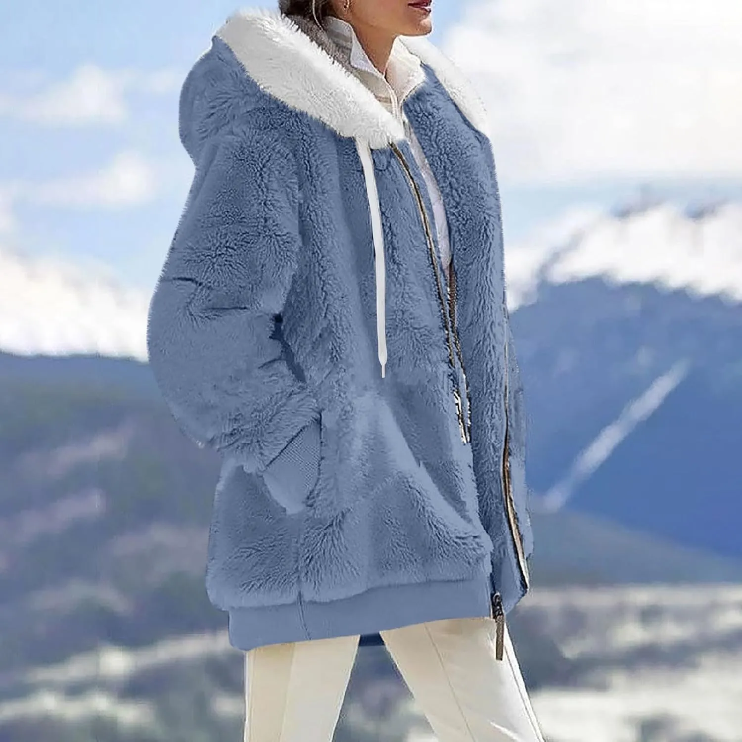 Womens Oversized Zip Up Coat Fuzzy Fleece Sherpa Jacket with Pockets Hoodie Outerwear Fall and Winter
