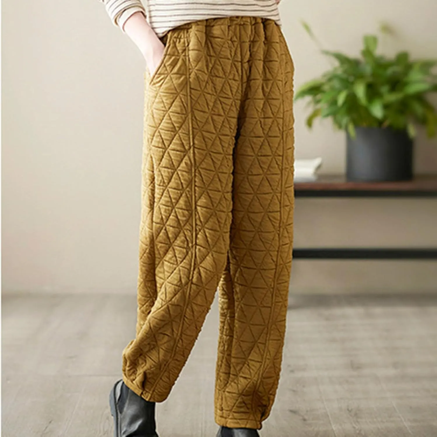 Womens Padded Quilted Sweat Pants Fall Winter Warm Casual Baggy Skinny Pants Solid Elastic Waist Lounge Trousers