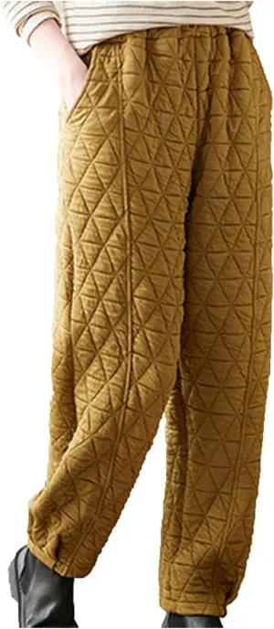 Womens Padded Quilted Sweat Pants Fall Winter Warm Casual Baggy Skinny Pants Solid Elastic Waist Lounge Trousers