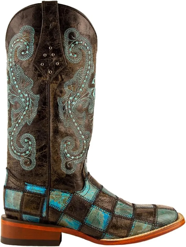 Womens Patchwork Embroidered Square Toe Casual Boots Mid Calf Low Heel 1-2" - Blue, Brown
