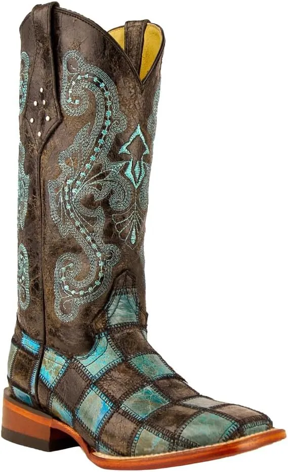 Womens Patchwork Embroidered Square Toe Casual Boots Mid Calf Low Heel 1-2" - Blue, Brown