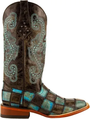 Womens Patchwork Embroidered Square Toe Casual Boots Mid Calf Low Heel 1-2" - Blue, Brown