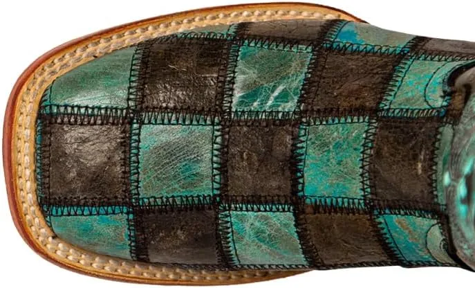 Womens Patchwork Embroidered Square Toe Casual Boots Mid Calf Low Heel 1-2" - Blue, Brown