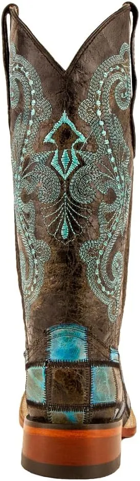 Womens Patchwork Embroidered Square Toe Casual Boots Mid Calf Low Heel 1-2" - Blue, Brown