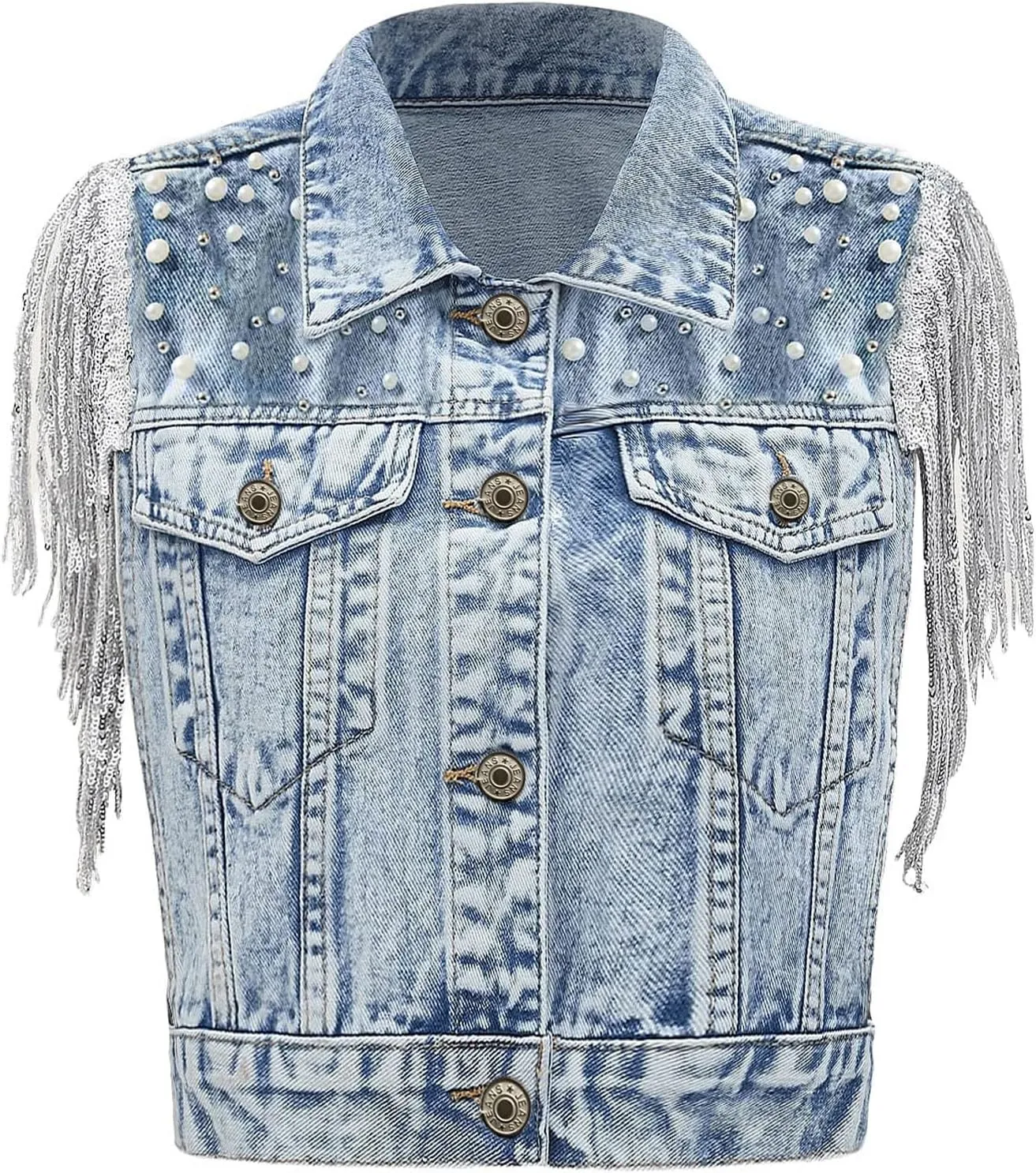 Women's Pearls Beading Denim Vest Sleeveless Sequin Fringe Jean Vest Casual Vintage Crop Top Vest