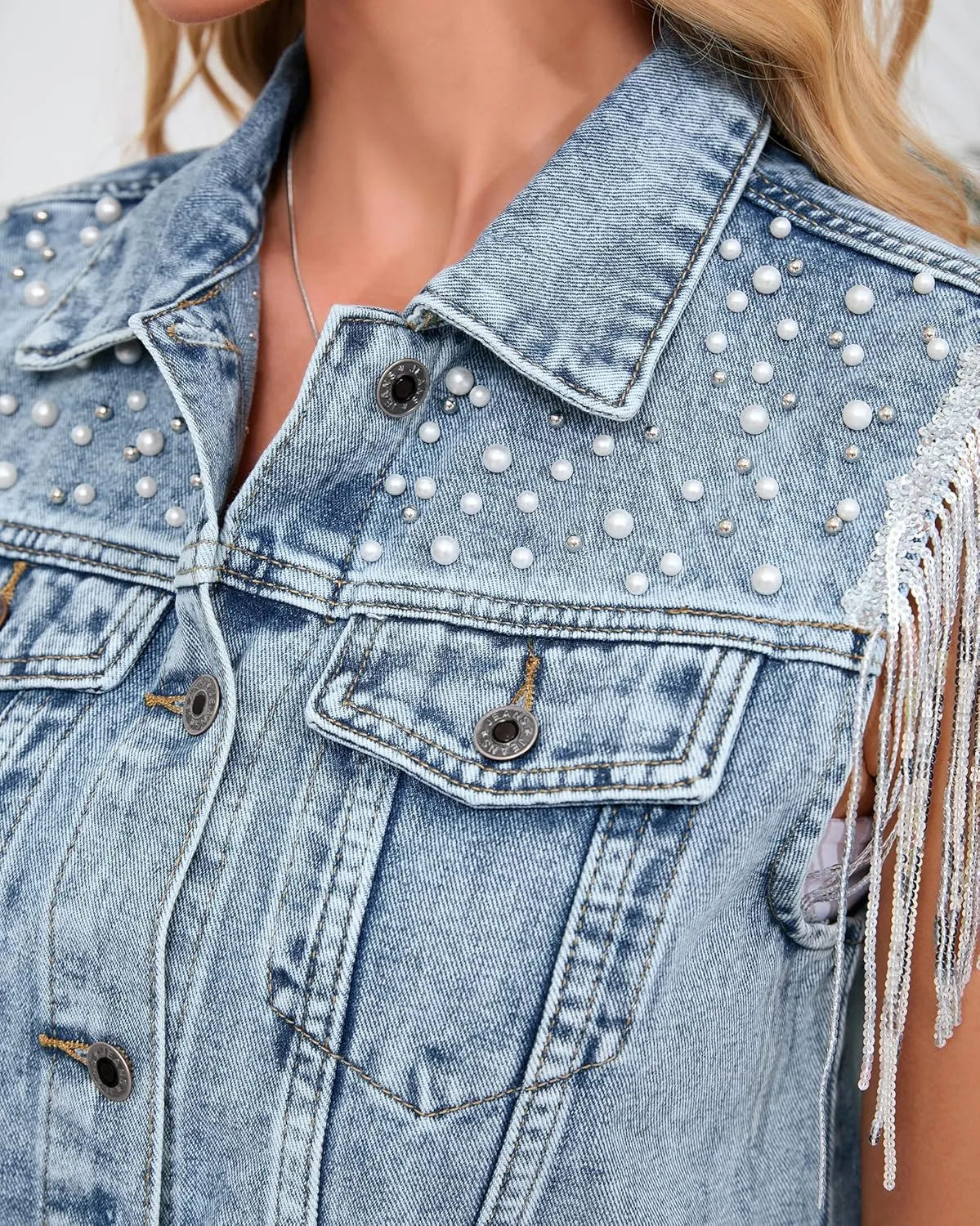 Women's Pearls Beading Denim Vest Sleeveless Sequin Fringe Jean Vest Casual Vintage Crop Top Vest