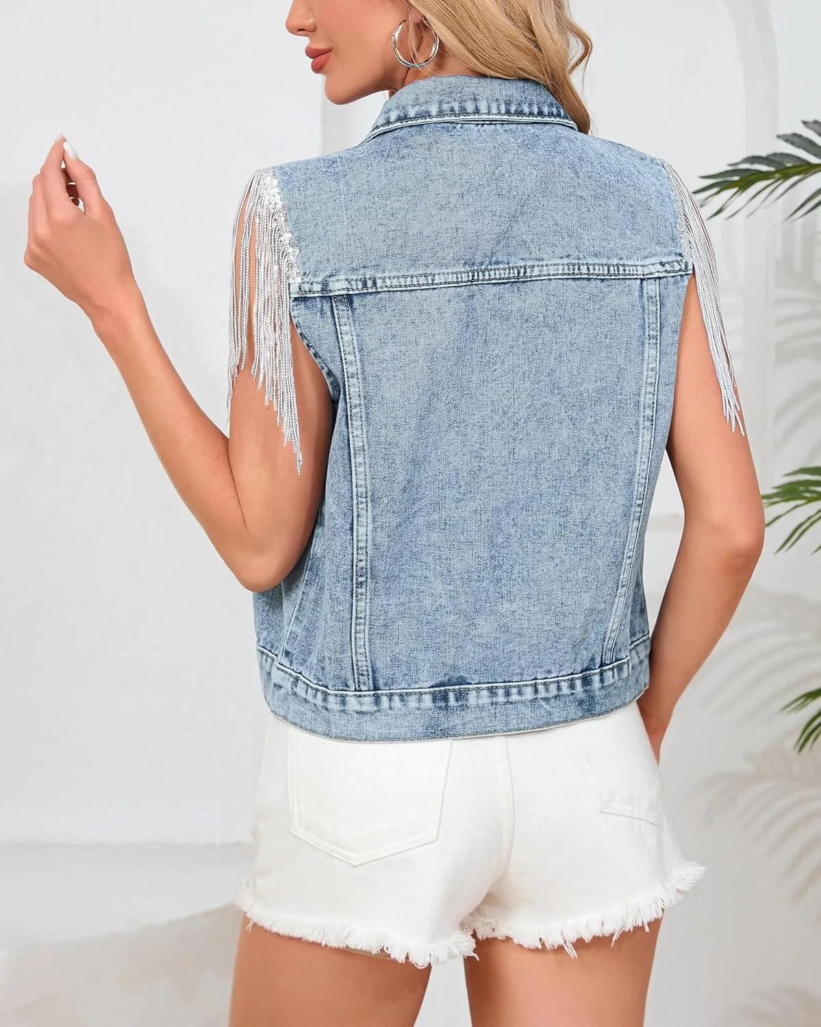 Women's Pearls Beading Denim Vest Sleeveless Sequin Fringe Jean Vest Casual Vintage Crop Top Vest