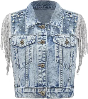 Women's Pearls Beading Denim Vest Sleeveless Sequin Fringe Jean Vest Casual Vintage Crop Top Vest