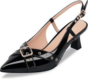 Women’s Pointed Toe Slingback Pumps – Fashionable Buckle & Studded Design Mid Heel Dress Shoes for Party Wedding Work