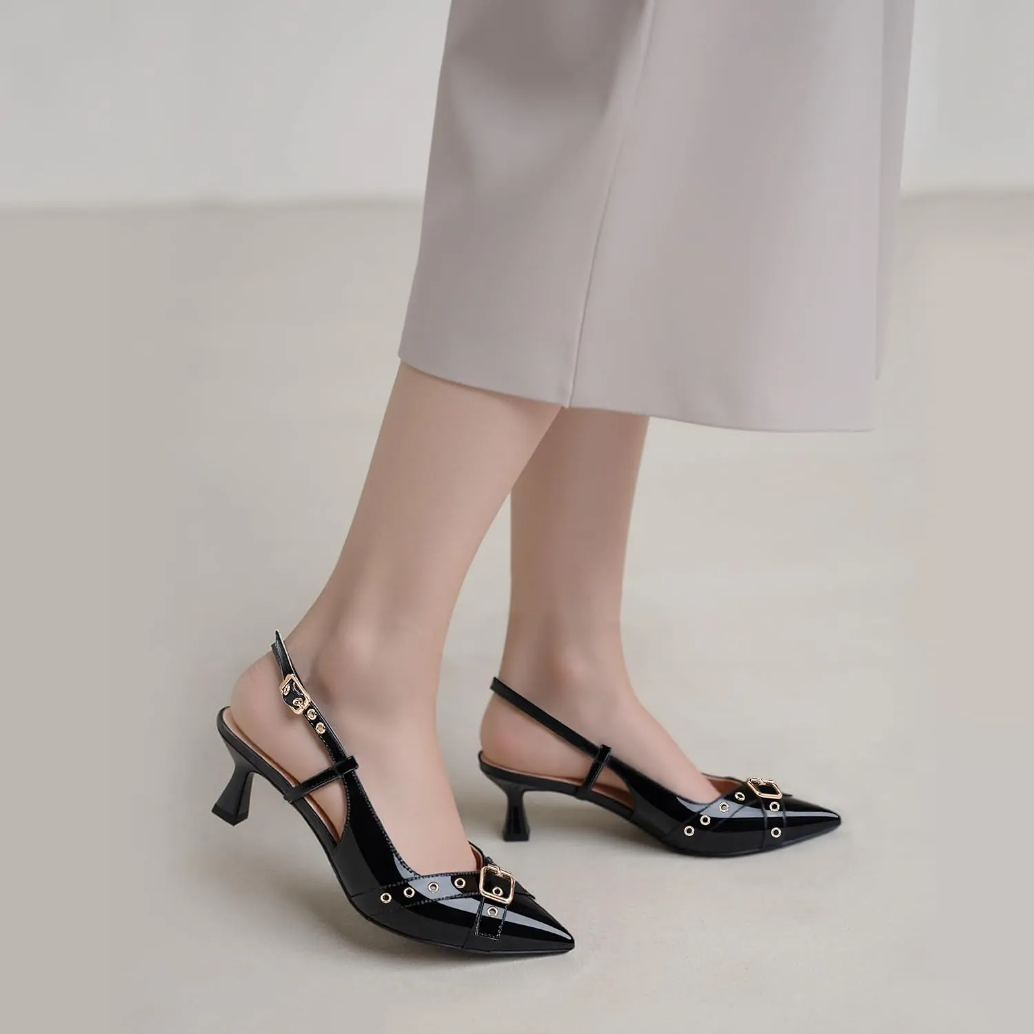 Women’s Pointed Toe Slingback Pumps – Fashionable Buckle & Studded Design Mid Heel Dress Shoes for Party Wedding Work