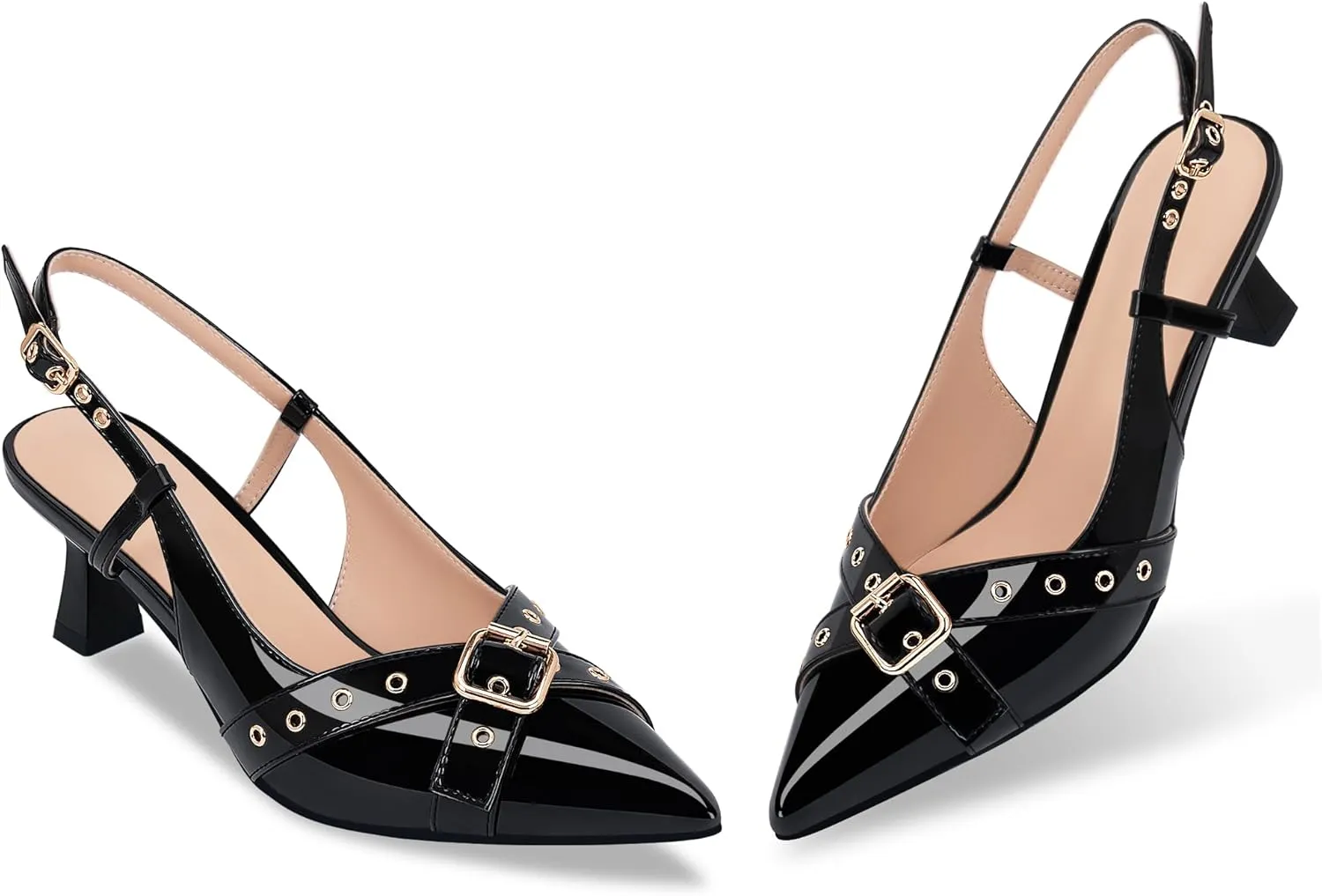 Women’s Pointed Toe Slingback Pumps – Fashionable Buckle & Studded Design Mid Heel Dress Shoes for Party Wedding Work