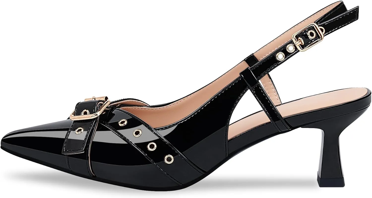 Women’s Pointed Toe Slingback Pumps – Fashionable Buckle & Studded Design Mid Heel Dress Shoes for Party Wedding Work