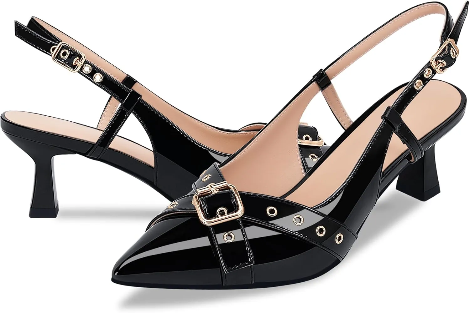 Women’s Pointed Toe Slingback Pumps – Fashionable Buckle & Studded Design Mid Heel Dress Shoes for Party Wedding Work