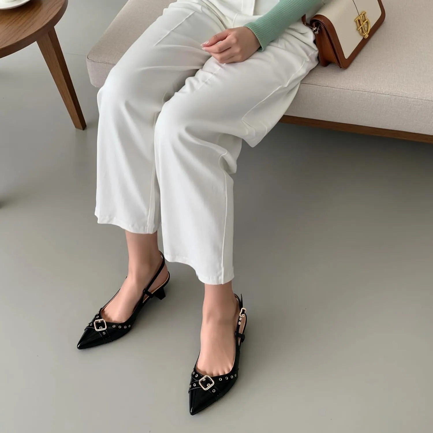 Women’s Pointed Toe Slingback Pumps – Fashionable Buckle & Studded Design Mid Heel Dress Shoes for Party Wedding Work