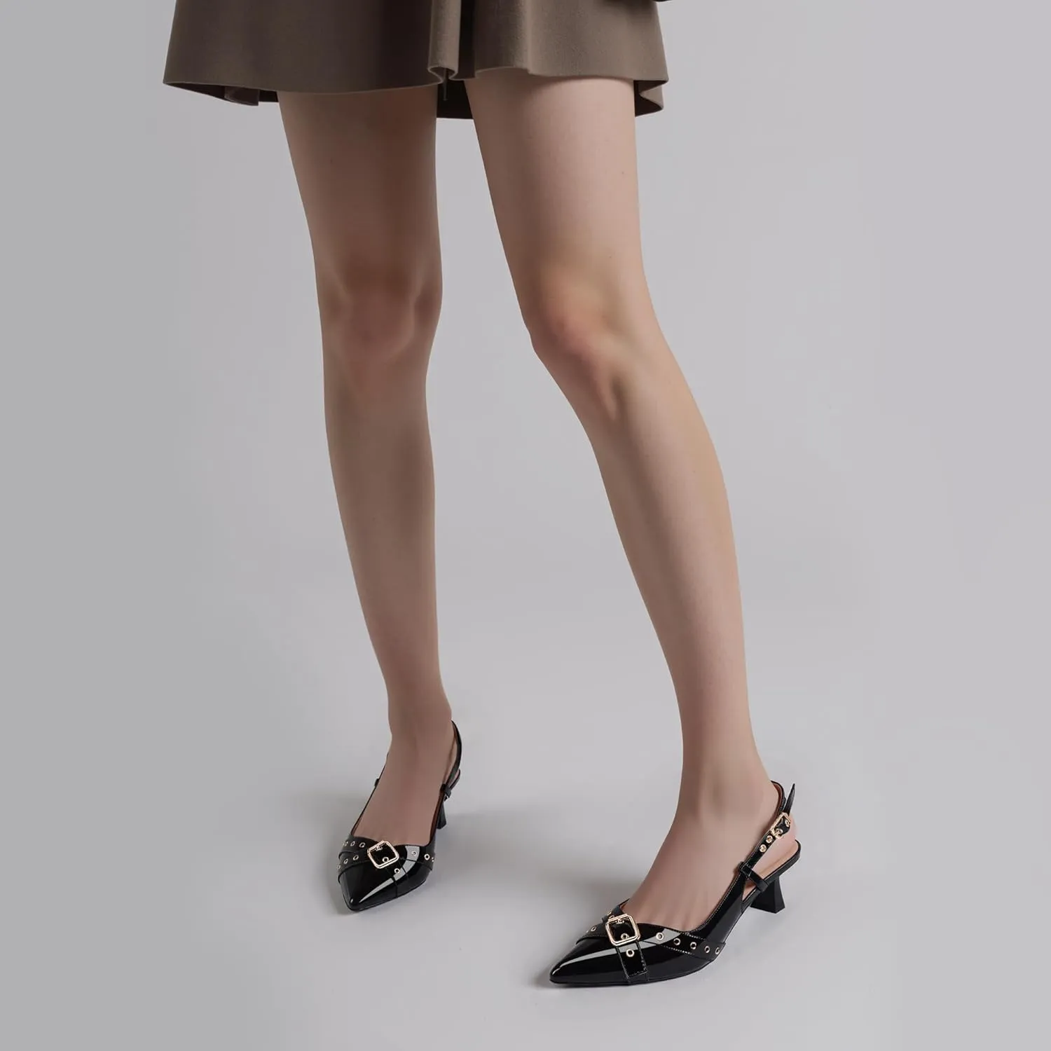 Women’s Pointed Toe Slingback Pumps – Fashionable Buckle & Studded Design Mid Heel Dress Shoes for Party Wedding Work