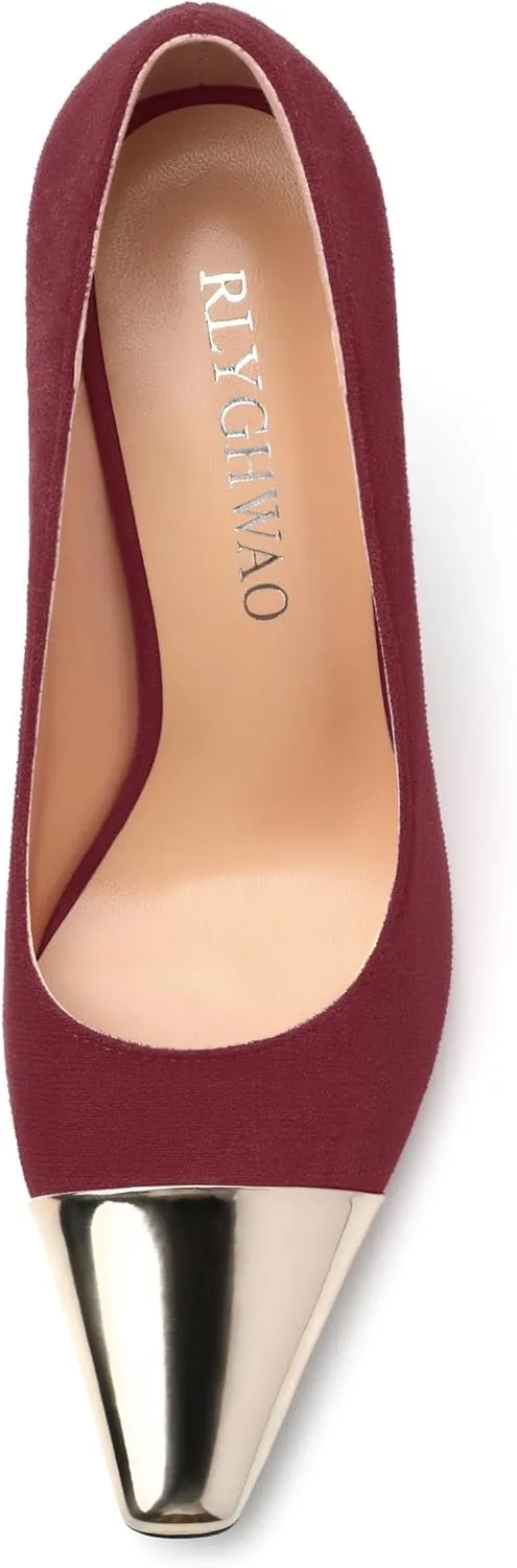 Women's Pumps, Square Toe High Heels, Fashion Patchwork Color Slip On Chunky Heel Shoes for Women