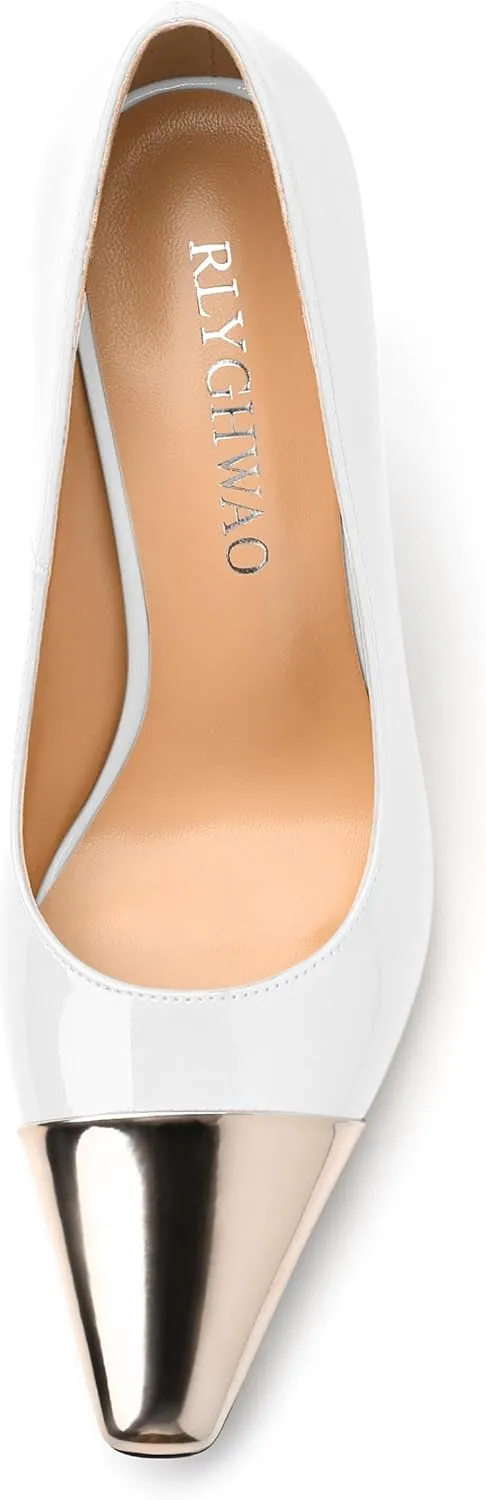 Women's Pumps, Two Toned Patchwork Square Closed Toe High Heels, Fashion Slip On Daily Dressy Shoes for Women