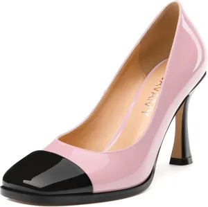 Women's Pumps, Two Toned Patchwork Square Closed Toe High Heels, Fashion Slip On Daily Dressy Shoes for Women