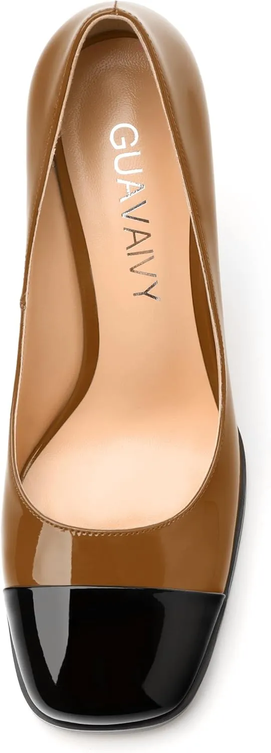 Women's Pumps, Two Toned Patchwork Square Closed Toe High Heels, Fashion Slip On Daily Dressy Shoes for Women