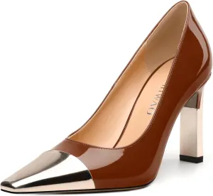 Women's Pumps, Two Toned Patchwork Square Closed Toe High Heels, Fashion Slip On Daily Dressy Shoes for Women