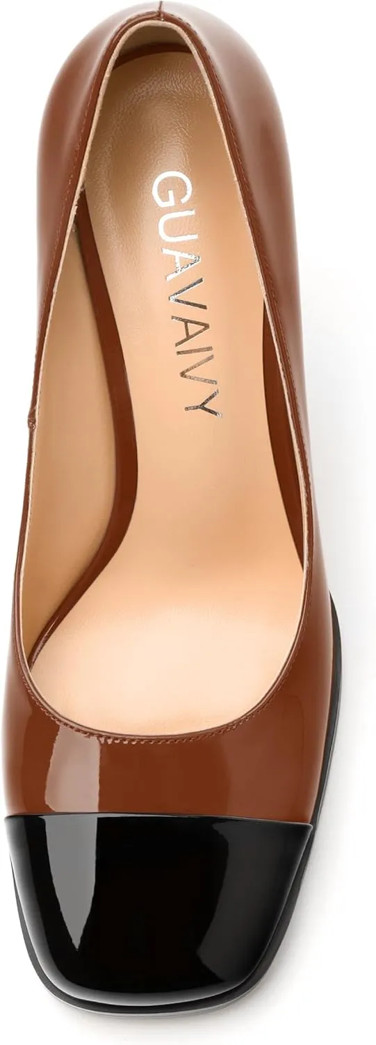 Women's Pumps, Two Toned Patchwork Square Closed Toe High Heels, Fashion Slip On Daily Dressy Shoes for Women