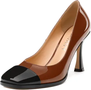 Women's Pumps, Two Toned Patchwork Square Closed Toe High Heels, Fashion Slip On Daily Dressy Shoes for Women