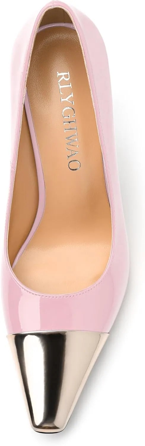 Women's Pumps, Two Toned Patchwork Square Closed Toe High Heels, Fashion Slip On Daily Dressy Shoes for Women
