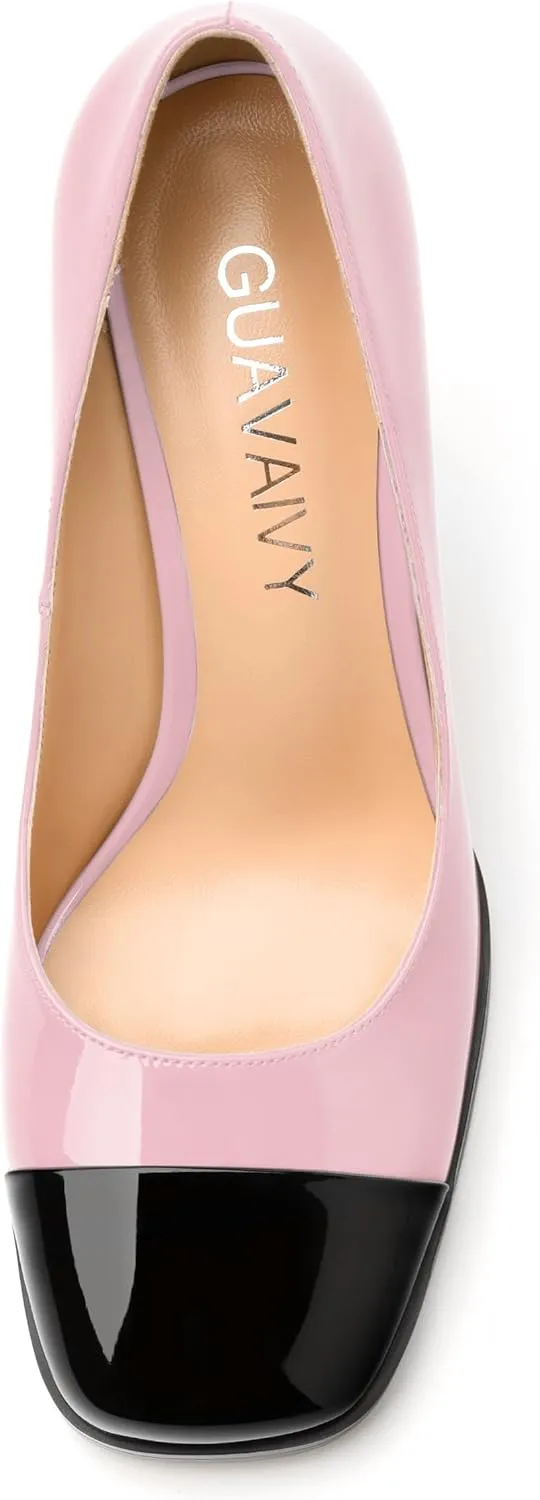Women's Pumps, Two Toned Patchwork Square Closed Toe High Heels, Fashion Slip On Daily Dressy Shoes for Women