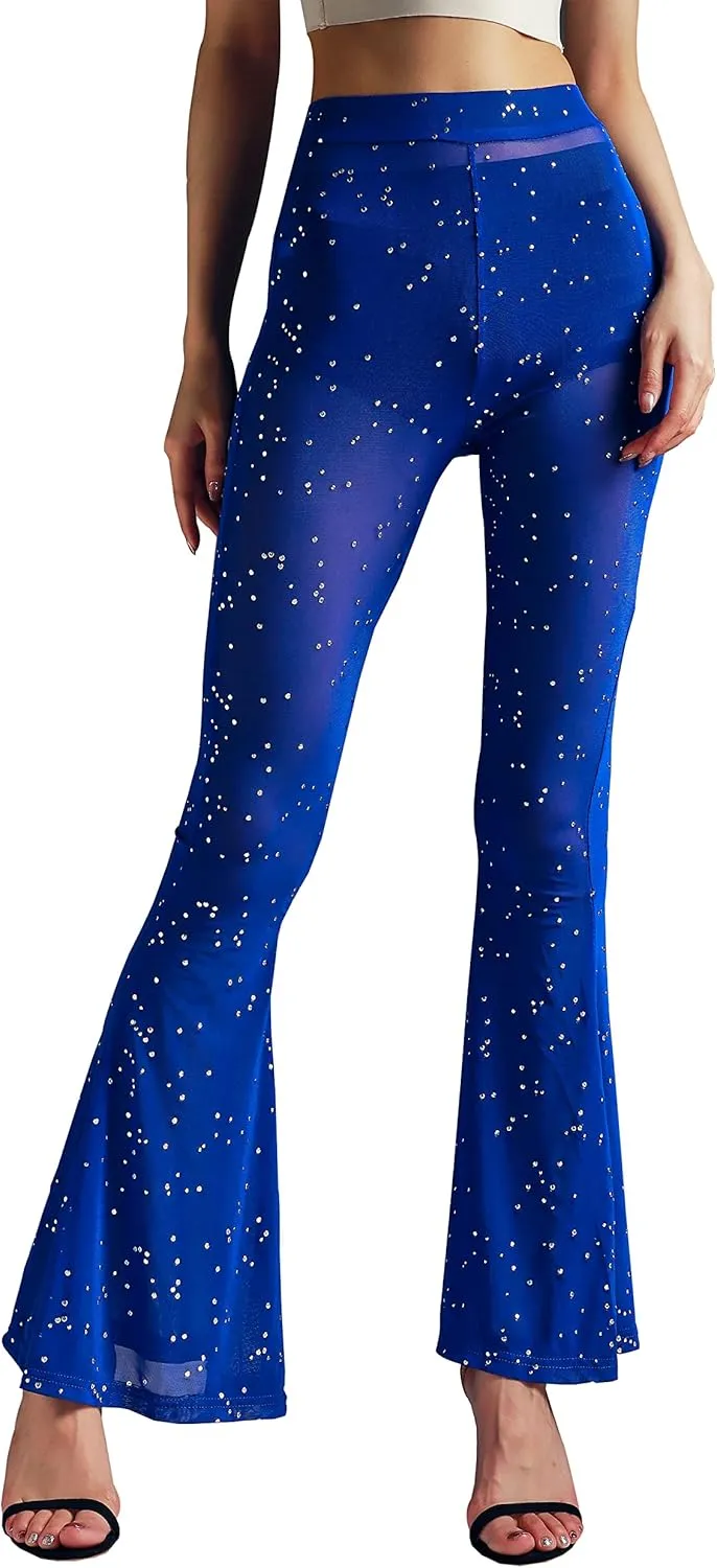 Women's Rave Mesh Sheer Sparkly Pants Sequin Flared Bell Bottom Pants Sexy Rave Outfits for Festival Dance Clubwear
