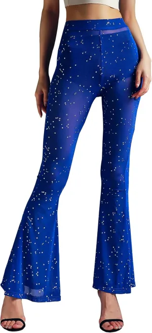 Women's Rave Mesh Sheer Sparkly Pants Sequin Flared Bell Bottom Pants Sexy Rave Outfits for Festival Dance Clubwear