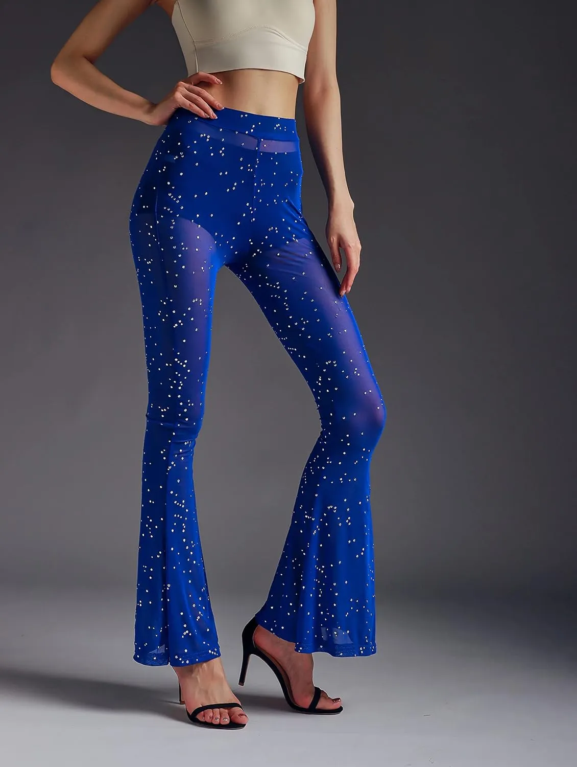 Women's Rave Mesh Sheer Sparkly Pants Sequin Flared Bell Bottom Pants Sexy Rave Outfits for Festival Dance Clubwear