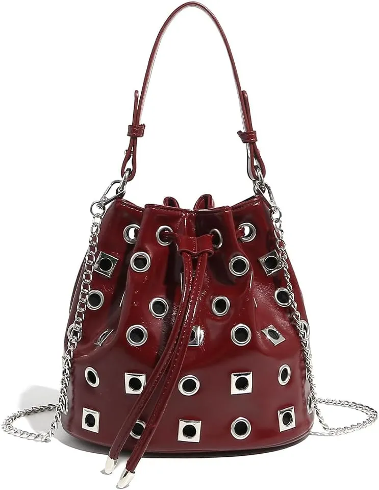 Women's Red Bucket Bag Studded Purse Y2K Handbag Rivet Punk Crossbody Purse