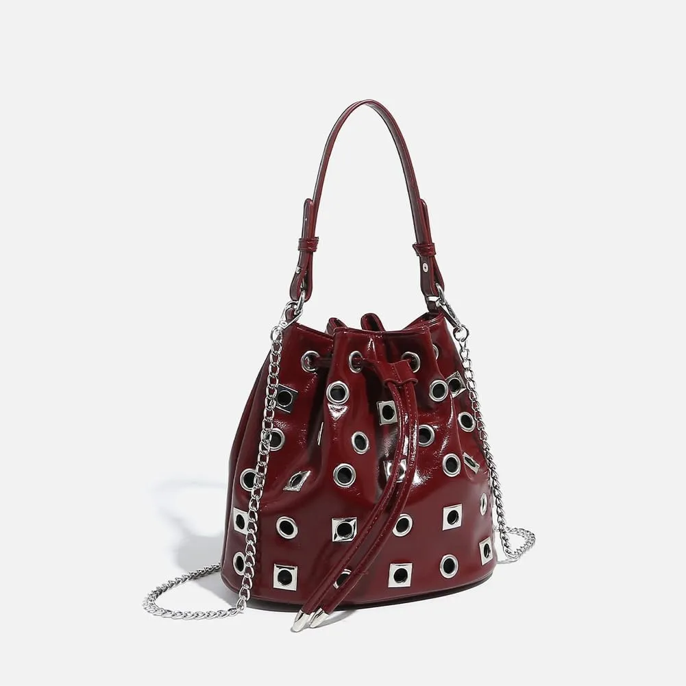 Women's Red Bucket Bag Studded Purse Y2K Handbag Rivet Punk Crossbody Purse