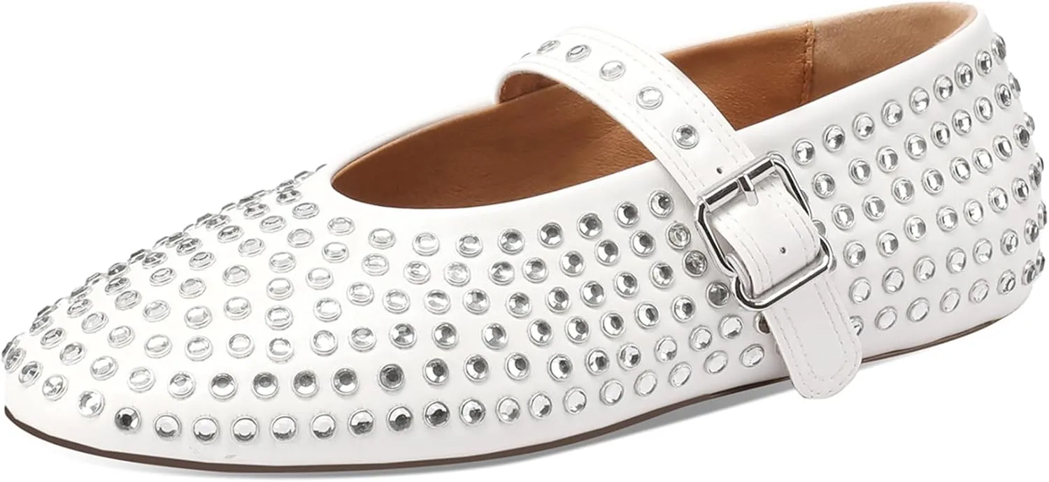 Women's Rhinestone Flats Crystal Studded Mary Jane Ballet Flats Shoes Buckle Ballerina Shoes