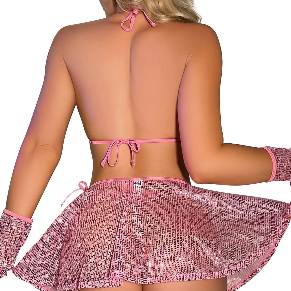 Women's Shiny Rave Outfits Holographic Halter Bra Top Mini Skirt 2Pcs Glitter Sequin Music Festival Party Clubwear