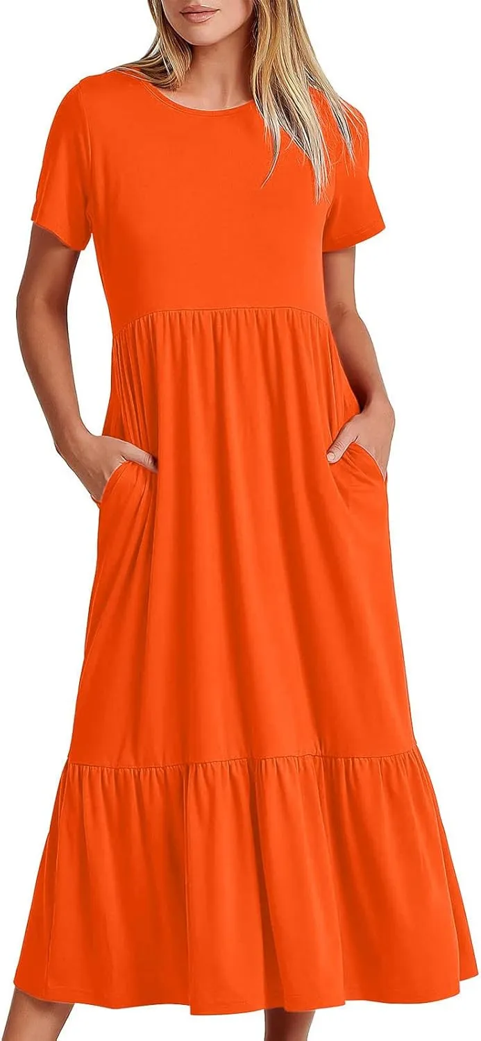 Womens Short Sleeve Trendy Midi Dress Simple Solid Color Long Dresses Crewneck Loose Fit Casual Sundress