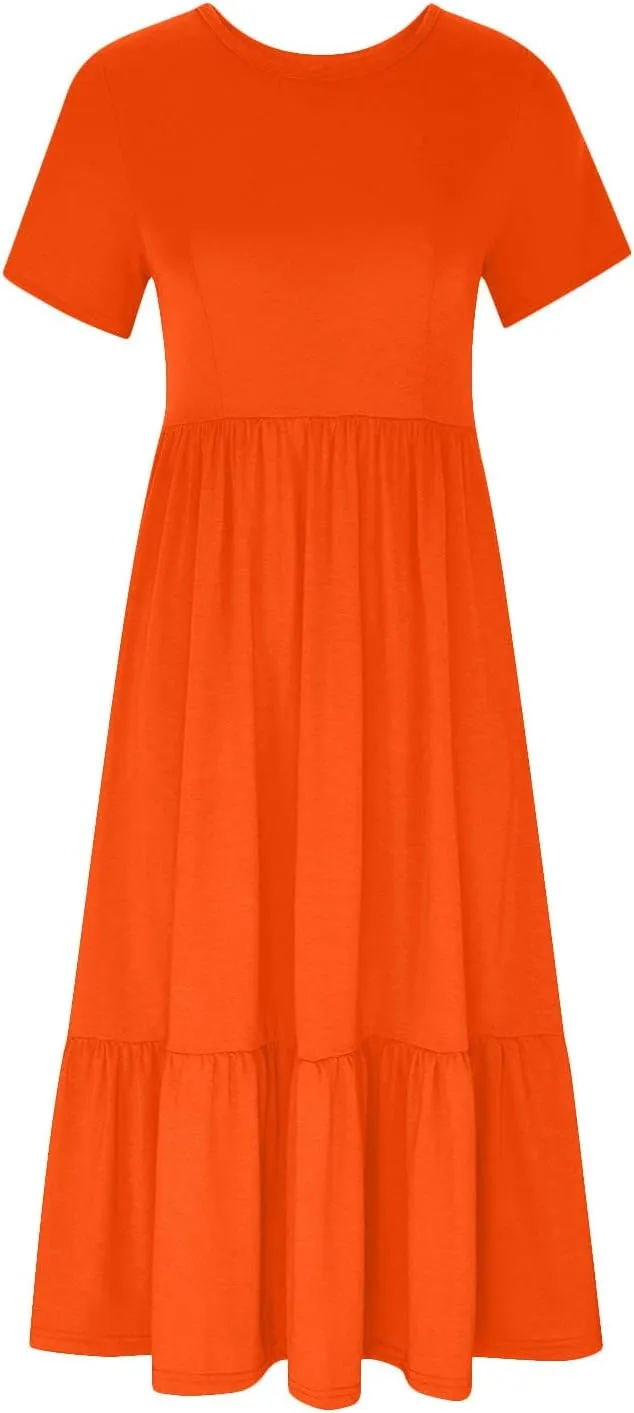 Womens Short Sleeve Trendy Midi Dress Simple Solid Color Long Dresses Crewneck Loose Fit Casual Sundress