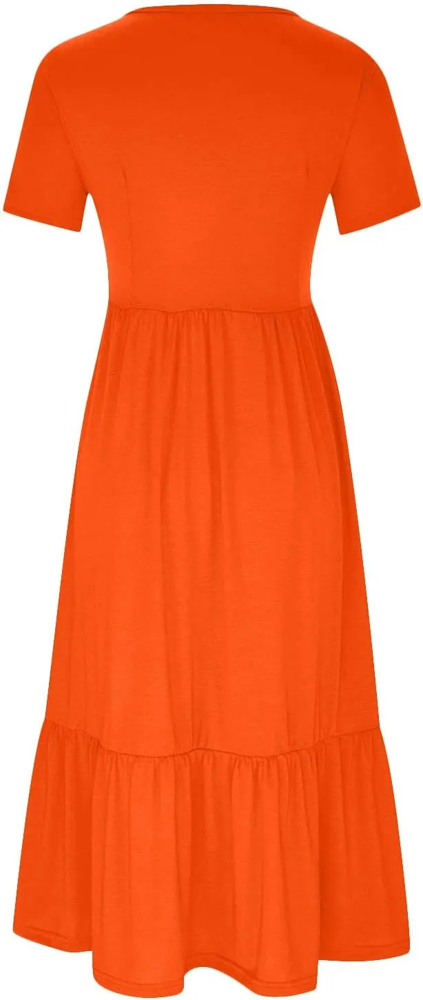Womens Short Sleeve Trendy Midi Dress Simple Solid Color Long Dresses Crewneck Loose Fit Casual Sundress