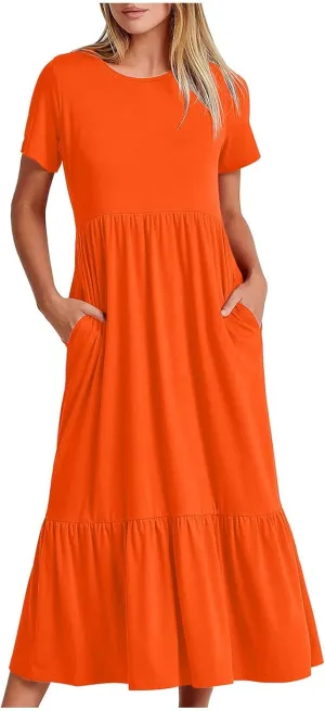 Womens Short Sleeve Trendy Midi Dress Simple Solid Color Long Dresses Crewneck Loose Fit Casual Sundress