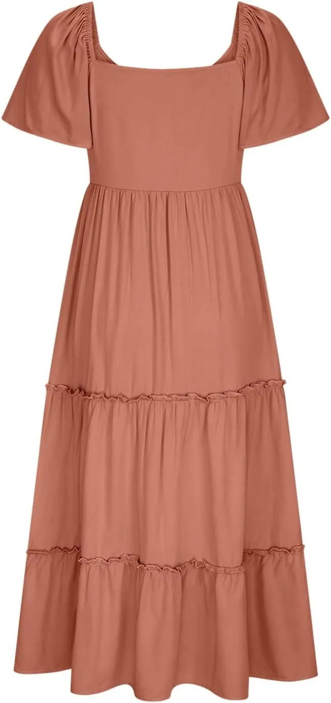 Womens Short Sleeve V Neck Midi Dresses Solid Color Flowy Sundress Loose Casual Tiered Summer Dresses