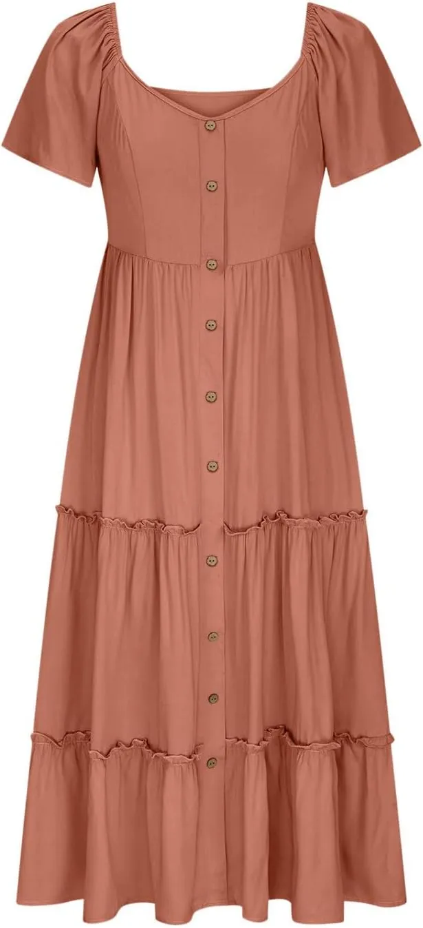Womens Short Sleeve V Neck Midi Dresses Solid Color Flowy Sundress Loose Casual Tiered Summer Dresses