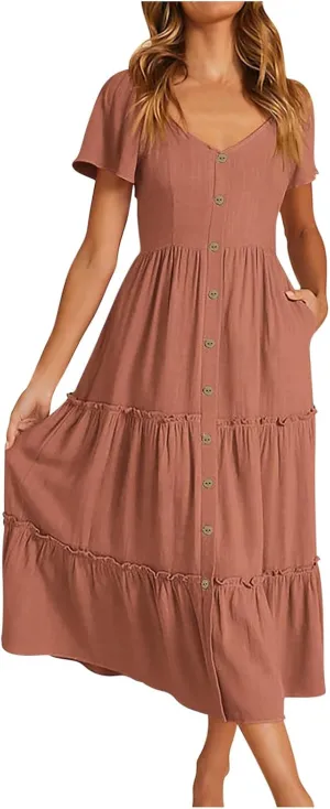 Womens Short Sleeve V Neck Midi Dresses Solid Color Flowy Sundress Loose Casual Tiered Summer Dresses