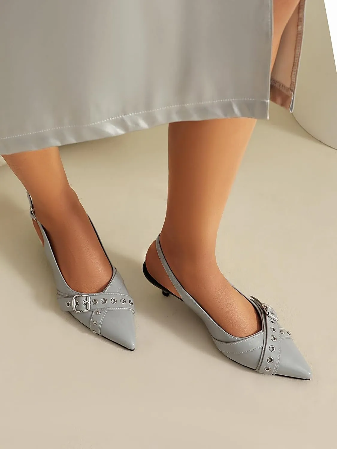Women's Slingback Heels Pointed Toe Studded Low Kitten Heel Pumps Dress Shoes
