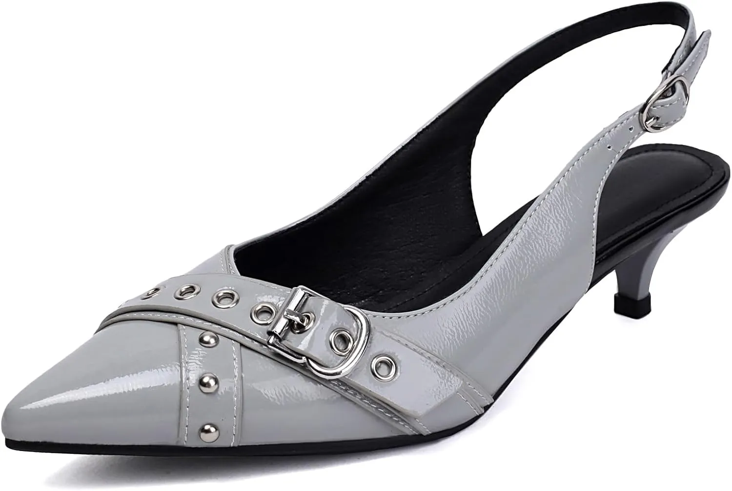 Women's Slingback Heels Pointed Toe Studded Low Kitten Heel Pumps Dress Shoes