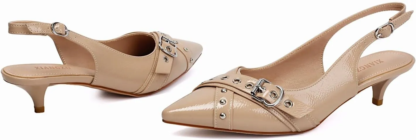 Women's Slingback Heels Pointed Toe Studded Low Kitten Heel Pumps Dress Shoes