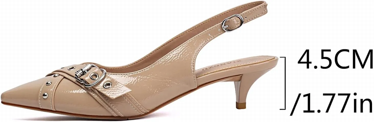 Women's Slingback Heels Pointed Toe Studded Low Kitten Heel Pumps Dress Shoes