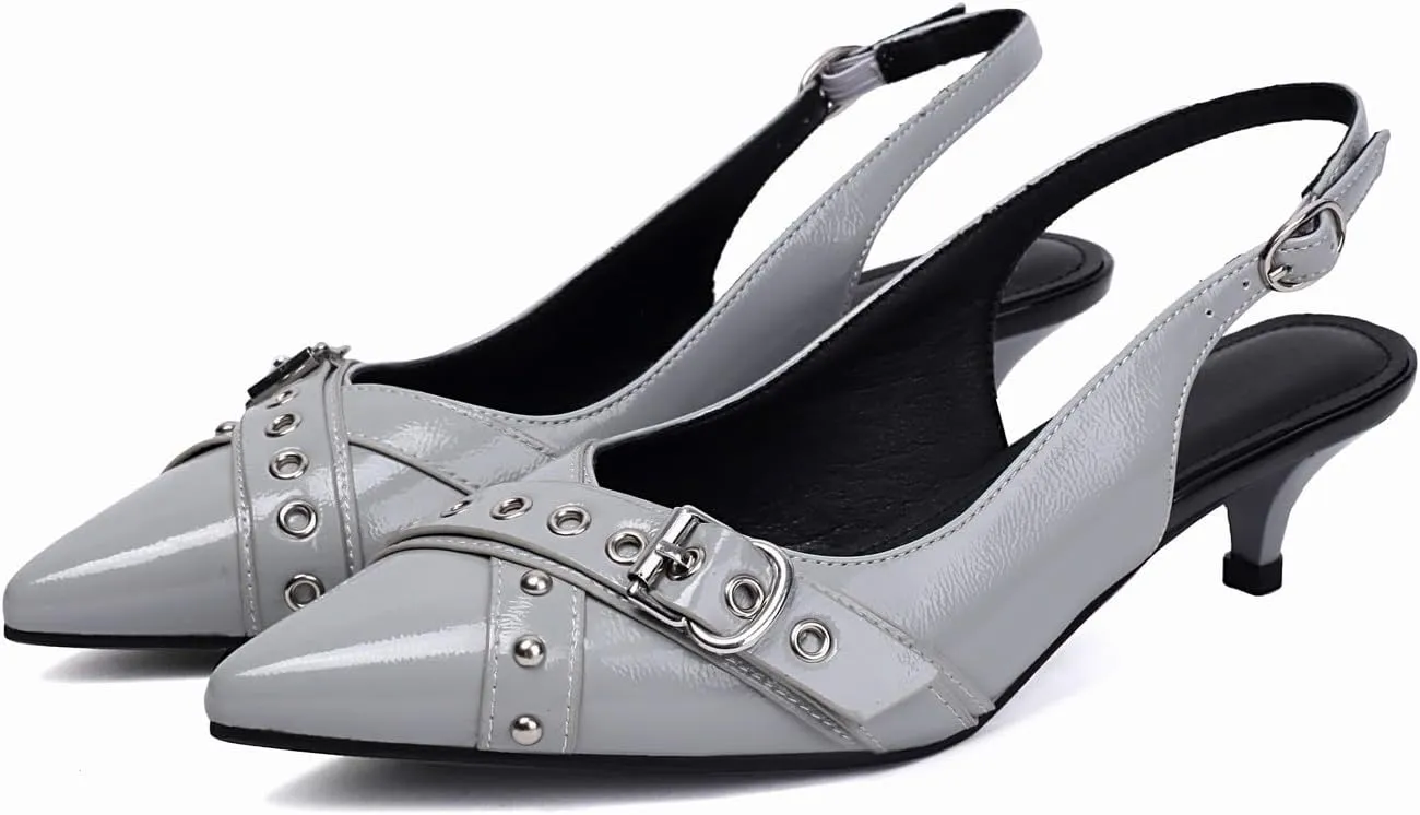 Women's Slingback Heels Pointed Toe Studded Low Kitten Heel Pumps Dress Shoes