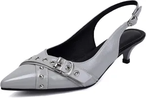 Women's Slingback Heels Pointed Toe Studded Low Kitten Heel Pumps Dress Shoes